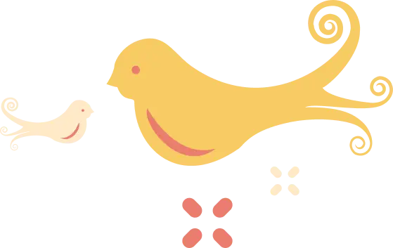 Illustration of a large yellow bird with smaller yellow bird and flowers